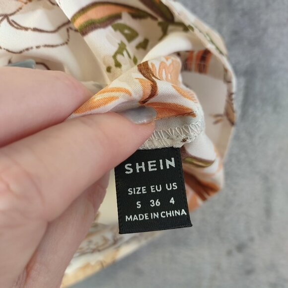 Shein Womens Floral Cold Shoulder Ruffle Top‎ S White Orange Summer Boho Casual - Picture 3 of 9